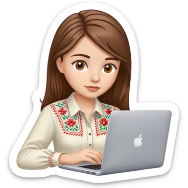 A Ukrainian girl with brown hair in an embroidered shirt works at her laptop sticker
