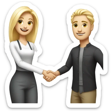 adult restaurant owner with white skin and blogger with white skin and blonde hair shaking hands in full height sticker