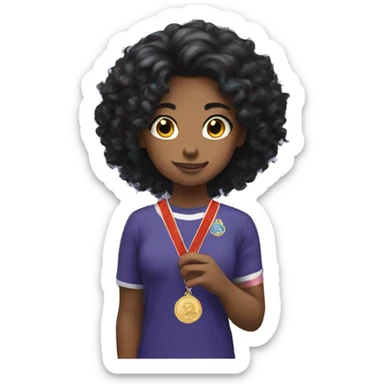 A girl with curly black hair with a medal that says worlds okayest sticker