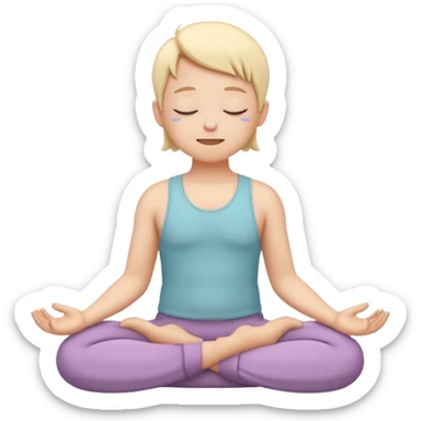 one simplified human character sitting in lotus pose, eyes closed, soft peaceful smile, feeling comfortable alone, calm and mindful mood, flat custom emoji sticker, pastel colors, rounded shapes, minimal details, mental health theme, thick outline, white background, no text sticker
