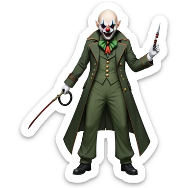 evil clown, bald, small black horns on forehead, fangs, pointed ears, eye patch over one eye, long coat over black and military green leisure suit with bellbottom pants, tail, holding a whip, no knife, realistically proportioned, less bulky, full body, battle-ready, fighting posture sticker