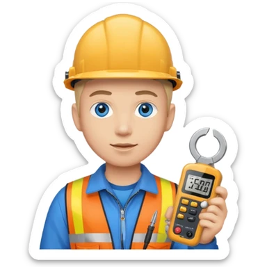 La tercera imagen pero ojos azules, y que lleve en manos una pinza amperimetrica sticker