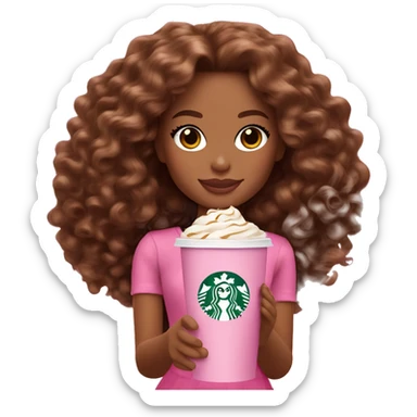 Barbie girl with brown long curly hair holding Pink starbucks refresher sticker