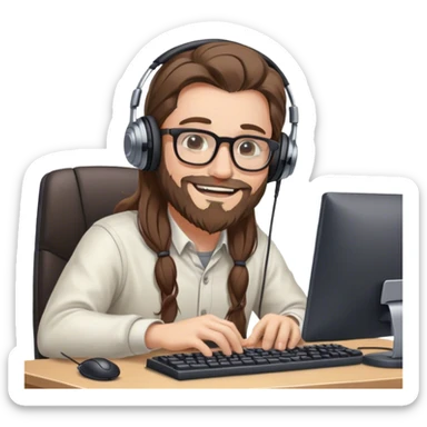 white man with long brown hair, glasses, headphones and beard sitting at a computer with a mouse and keyboard, smiling sticker