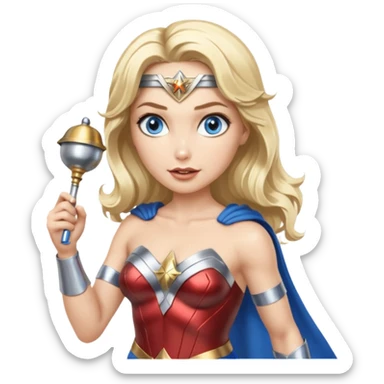 Blonde blue eyes Wonder Woman holding bell and short, thin, white baton sticker