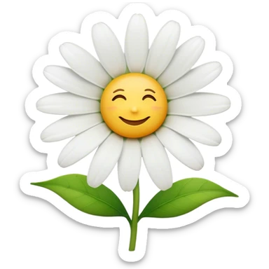 Cinematic Realistic Daisy Emoji, Cheerful and pure, with bright white petals surrounding a sunny yellow center, standing proudly atop a slender green stem. The soft, vibrant petals seem to radiate positivity, while a few green leaves frame the delicate flower. Soft glowing outline, capturing the essence of simplicity, innocence, and happiness in a single daisy. sticker