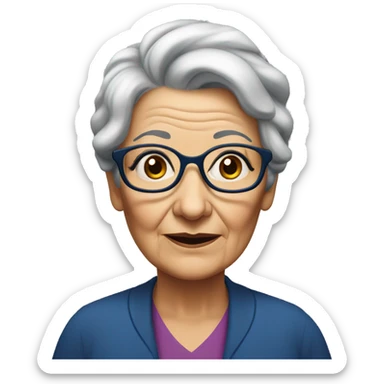 Older woman with wrinkles on the face, dark blue rectangular spectacles an darker eyebrows sticker