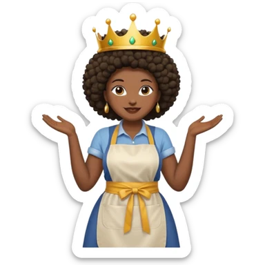 Mujer curvy afro, con piernas gordas y vestimenta cómoda, usando delantal,con una corona sobre su cabeza y sonrisa contagiosa.  sticker