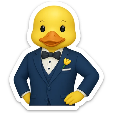 Create a gentlemanly yellow duck in a blue suit, standing with one hand on hip, in the style of apple emojis, with no background. sticker
