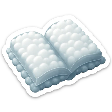 top view of a thick open book made entirely of small, very bright white fluffy convex clouds, matte glass style sticker
