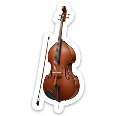 Create an elegant and detailed emoji representing a Gliga Gama double bass with bow. The design should showcase the large, sleek body of the double bass with its rich wood finish, including the characteristic curves and deep tone holes. The bow should be elegantly positioned next to the instrument, highlighting the hair and smooth wooden stick. Use warm wood tones like chestnut brown for the body of the bass, silver accents for the fittings, and dark brown for the bow. Add subtle musical notes or sound waves flowing from the bass to represent its deep, resonant sound. The background should be transparent. sticker