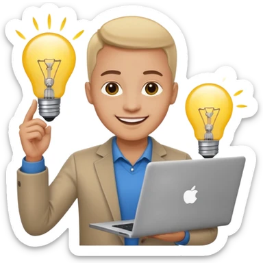 smiling person entrepreneur with laptop and lightbulb sticker