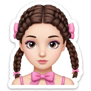 girl with brunette hair in a braid on her shoulder with a pink coquette bow on the end and she has mascara on her eyelashes  sticker