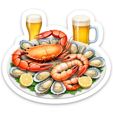 Qingdao seafood with beer, simplified emoji style with bold outlines and bright colors, cartoon style Chinese seafood platter with yellow beer sticker