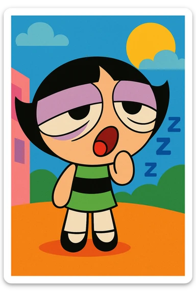 Powerpuff Girls character with a sleepy emotion, cartoon style, vibrant colors sticker