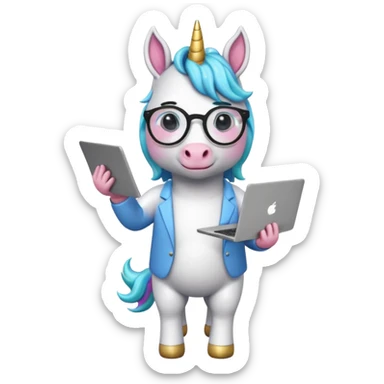 Unicorns holding laptop book
A full body of scholar unicorn wearing round glasses, holding a laptop. sticker