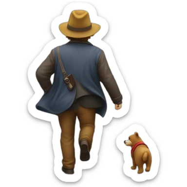 a developer walking away in the distance paddington bear after finishing a ticket. The man should have an eye sticker