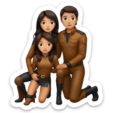 Tan skin with freckles, long dark hair, hazel eyes Dominatrix standing over a dark haired man who is kneeling at her knees sticker