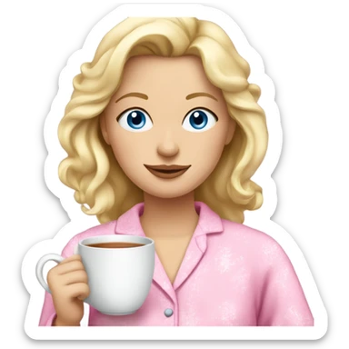 Blonde woman with blue eyes in pink pyjamas drinking tea  sticker