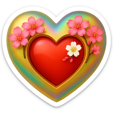 Replace the shimmer effect with a rainbow shimmer on the gold and silver highlights of the heart with a sakura blossom overlay in the style of apple emojis, no background. sticker