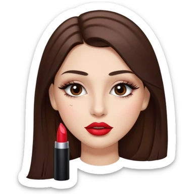 Una chica con piel muy clarita con pleo liso largo de color castaño y unos ojos marrones oscuro y labios grandes y nariz bonita y con unas pestsñas y maquillada sticker