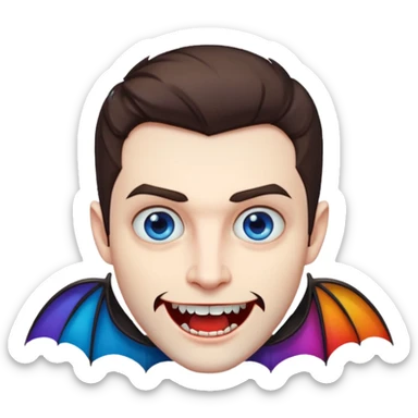 Vampire with blue eyes, short brown hair, short beard/scruff and fangs. rainbow color bats behind him sticker