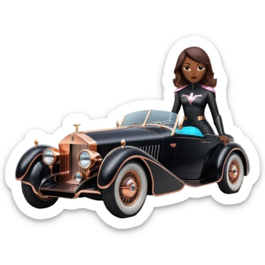 Batgirl Dark black Bare bones streamlined sporty (stripped down) hot rodded engine rose gold sports car 1932 Rolls Royce Woody futuristic electric spaceship plasma neon glowing motors and lightening dynamos with wide racing wheels that are held strong by advanced suspension and steering sticker