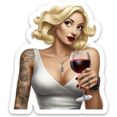 Blonde elegant women, her body covered with tattoos, wine in her one hand, pointing on you with her other hand , Hyper realistic sticker