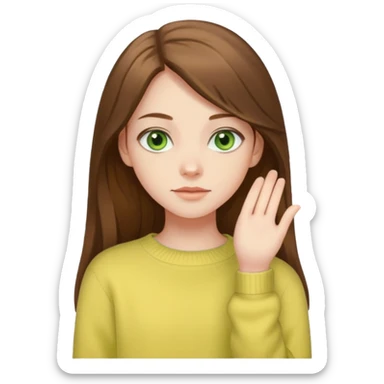 please create an emoji of a semi pale girl with long brown hair, green eyes, wearing a pastel yellow sweater sticker