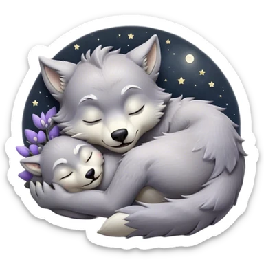 Meme-Worthy Cute Sleeping Werewolf Portrait Emoji, with a cuddly, miniature lupine form in soft moonlit grays and silvers, head resting peacefully with gently closed dreamy eyes and a small, content smile, simplified yet irresistibly endearing, highly detailed with a soft glowing outline that captures the cozy, sleepy essence of a werewolf after frolicking under the full moon! sticker