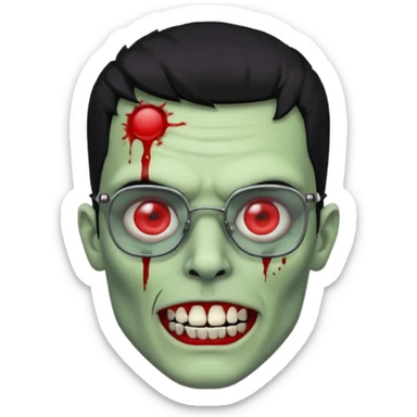 homem zumbi de óculos cabelo preto com muita olheira deixar pele dele verde dentes brancos e olhos vermelhos e ensanguentados deixar óculos quadrado e preto e olhos cheio de veias vermelhas e encher o rosto de piercings sticker