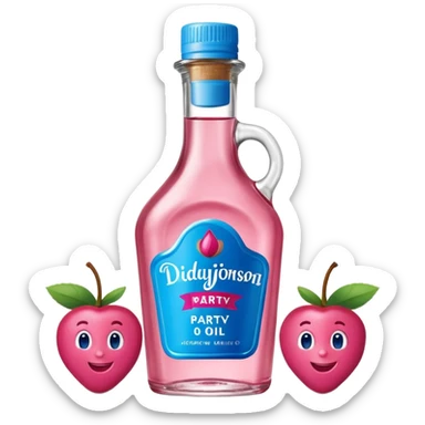 bottle of oil blue top pink outside with logo that says Diddy Party oil Johnson and Johnson  brand with a smiling berry on top sticker