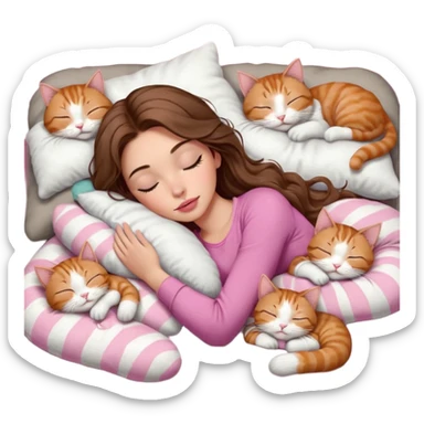 girl with long wavy brown hair, brown eyes, long lashes makeup, sexy pink lips, light to medium complexion,  sleeping on a cozy pillow, with 6 cats: 1 brown and white tabby cat, 1 ginger and white, 2 grey and white, 1 grey with white mittens and small white patch on chest and 1 calico, sleeping sticker