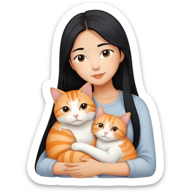 Young Asian woman with long straight black hair cuddling a white and orange tabby cat, gentle embrace, affectionate pose sticker