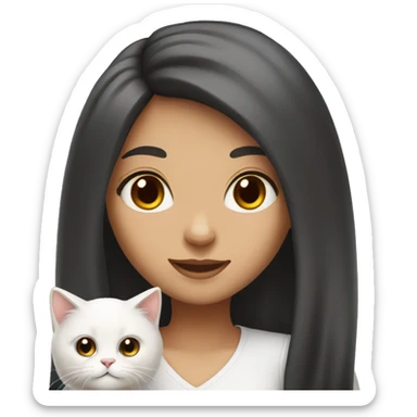 Emoji girl black long hair, brown eyes with white fluffy cat  sticker