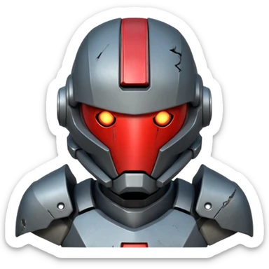 futuristic war robot portrait, head and shoulders only, aggressive design, sharp armor edges, glowing red eyes, battle-damaged helmet faceplate, heavy armor collar, intense dramatic lighting, sci-fi metal textures, 3D cartoon, mobile game icon style, clean background, no text, no watermark
 sticker