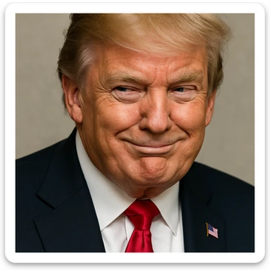 Increase contrast slightly for a more vivid look while keeping the very sly, cunning expression on Donald Trump's face, photorealistic quality, and plain background. The style is photorealistic. sticker