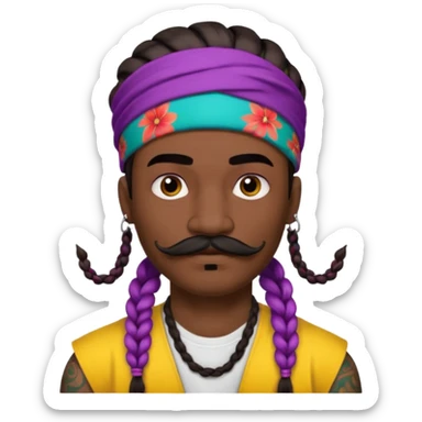 big lose braids starting from the top of the head man with mustache face wiith big visible braids and mono color headband on head  face and braids as big as headband and lots and lots of face tattoos colored tattoos like a tattoo artist hair unique color sticker
