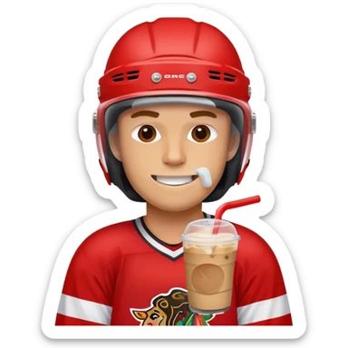hockey player wearing red drinking an iced coffee wearing a helmet with missing teeth   sticker