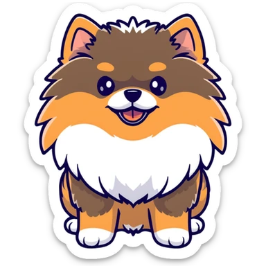fluffy black and tan Pomeranian dog face, large round eyes, button nose, tan muzzle, tan eyebrow spots, thick ruff of fur, upright tousled ears, friendly and cute sticker