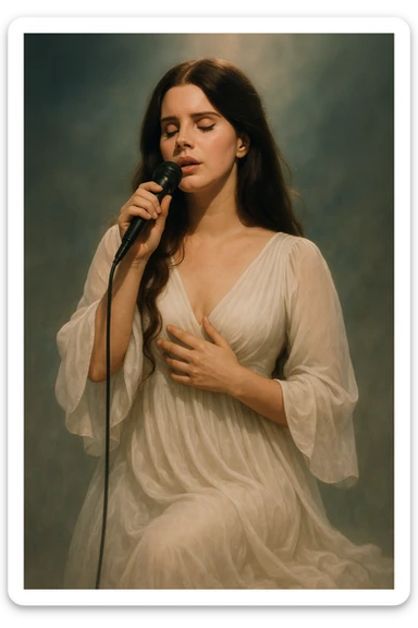 Lana Del Rey singing on stage, wearing a flowing white dress, holding a microphone, inspired by the song 'Heart Shaped Box', dreamy and emotive expression, soft lighting, detailed facial features, elegant pose sticker