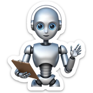 Portrait of a small humanoid robot with round head, metallic limbs, glowing eyes, holding a clipboard sticker
