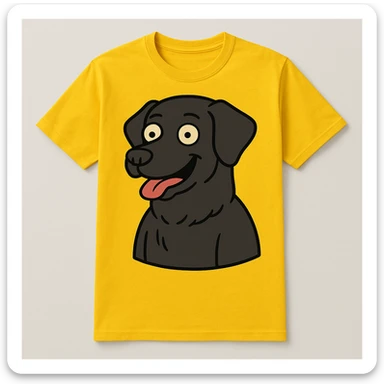 Place the black labrador retriever graphic on a yellow t-shirt, keeping a cartoon style with bold lines, bright colors, and playful expression. sticker