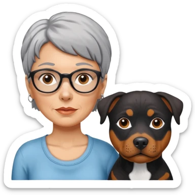 ONE Pit bull Rottweiler mix with white muzzle and spots on muzzle next to ONE older woman with really short grey hair and brown eyes sticker