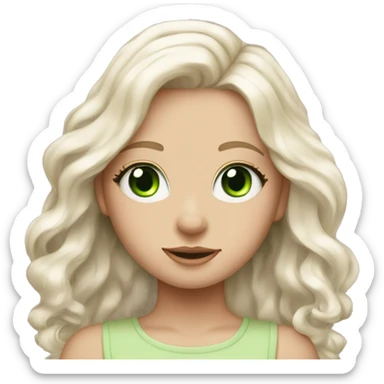 pale blonde girl with long platinum white wavy hair with bright green eyes and a cute light pink hair ribbon sticker