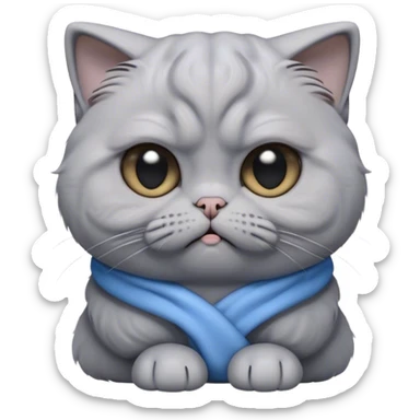 Cinematic Comical Grey Scottish Fold Cat Portrait Emoji, Head tilted with a scrunched, grumpy expression and adorable folded ears, sleek soft grey fur with subtle blue undertones, Simplified yet sharp features, highly detailed, glowing with a slightly sarcastic glow, high shine, poised but with a comically displeased demeanor, stylized with an air of playful disdain, focused yet unimpressed, soft glowing outline, capturing the essence of a grumpy yet endearing kitty with the classic Scottish Fold charm, so lifelike it feels like it could give you an exaggerated sigh and a disapproving stare at any moment! sticker