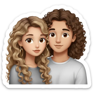 cute girl (long brunette balayage curly/wavy not voluminous hair, brown eyes, hoop earrings, natural pretty clean makeup): kissing on the cheek a cute boy (blondish SUPER STRAIGHT hair and brown eyes and a cute face) sticker