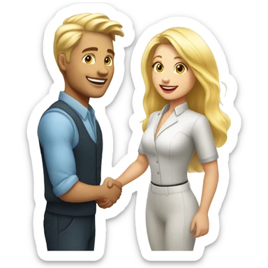 adult restaurant owner with white skin and blogger with white skin and blonde hair shaking hands in full height sticker