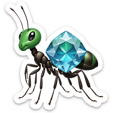 Create a simple emoji-style icon of an ant holding a diamond. The design should be minimalistic with clean lines and bold outlines. Use flat design and corporate colors like blue and green. Optimize for 100x100 pixels. Make the ant look friendly and dynamic, symbolizing value creation and teamwork. sticker