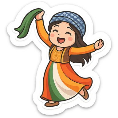 Create a colorful and cheerful Kurdish cartoon sticker in chibi style. Show the traditional Kurdish clothing and a dancing pose. The background should be transparent. Suitable for WhatsApp and Instagram. sticker